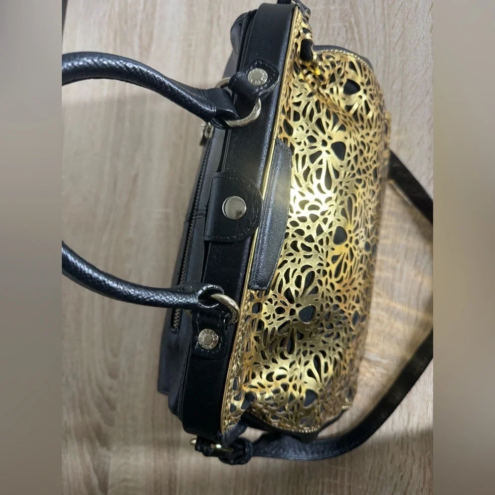 Arezzo Women Black Gold Leather Cut Out Satchel Hand Shoulder Bag